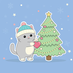A cute cat in a winter hat decorating a Christmas tree. Holiday illustration featuring a festive cartoon character. Vector for greeting cards, stickers, and winter prints.