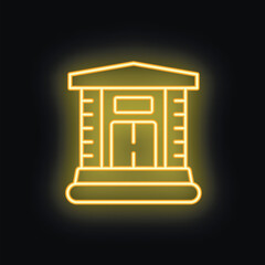 Glowing neon icon of public building with columns on dark brick wall background