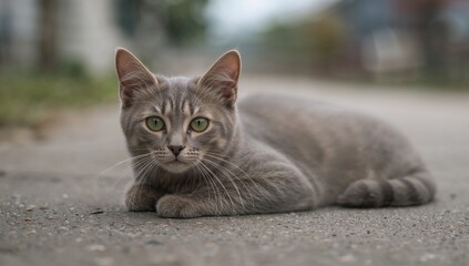 Feral feline resting on pavement with natural surroundings and captivating eyes
