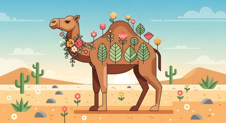 A whimsical camel adorned with flowers and leaves stands in a vibrant desert landscape at sunset