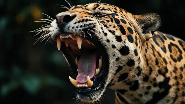 Close up of a Jaguar roaring with its mouth wide open showing sharp teeth and tongue.