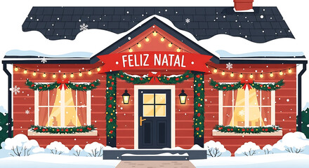 Festive red house with snow and Feliz Natal sign in merry winter holiday scene with decorations