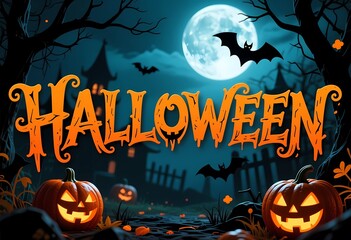 Dark night filled with Halloween spirit featuring glowing pumpkins in a spooky graveyard, a full moon shining, and bats flying around old haunted house silhouettes Generative AI