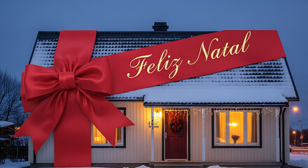 Cozy snow-covered house with a large red Christmas ribbon displaying Feliz Natal greeting message