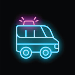 Blue neon police van sign with flashing lights on black background
