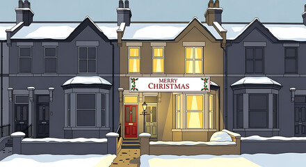 Festive holiday home with merry christmas sign and glowing lights on snowy winter evening scene