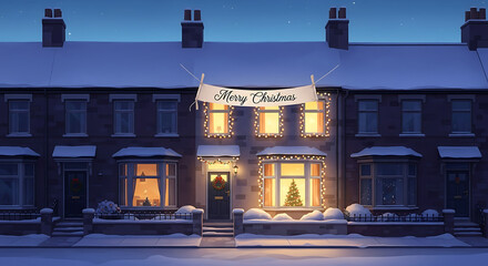Snowy house at night with a merry Christmas banner and glowing lights on Christmas Eve evening