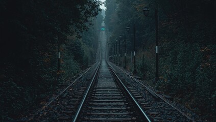 Fototapeta premium A shadowy, moody railway path surrounded by lush foliage extending far ahead; a striking dark passage featuring a mountain incline railway flanked by contemporary lights