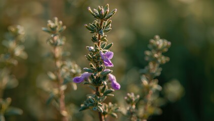 Close-up macro shot of a flowering thyme herb. Fragrant cooking spice in the garden. Fresh green thyme plant naturally grown.