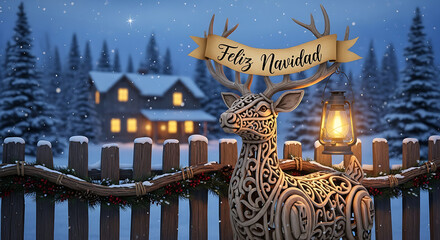 Wooden reindeer with lantern in front of snowy cabin and Feliz Navidad banner Christmas scene