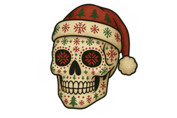 Sugar skull wearing santa hat decorated with snowflakes and christmas trees, celebrating day of the dead and winter holidays