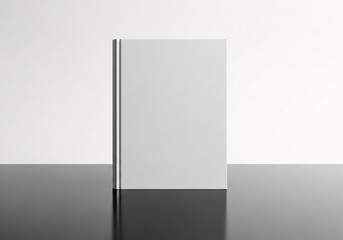 Blank white hardcover book standing on a reflective surface for mockup presentation