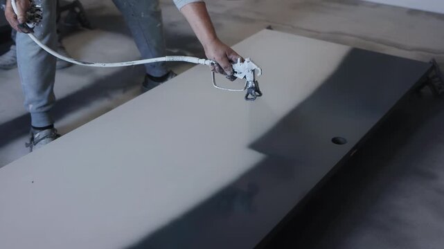 Worker applies spray gun paint to white door while renovating room
