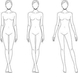 Human body silhouette poses, standing figure variations, technical flat sketch, CAD drawing, vector outline, mannequin template, design reference, apparel illustration, posture study