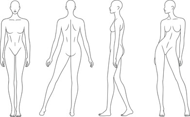 Human body silhouette template, front back side view, technical flat sketch, CAD drawing, vector outline, mannequin figure, design reference, apparel illustration