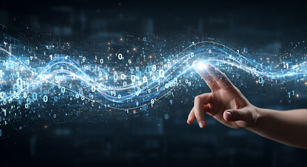Hand touching glowing digital wave of binary code representing data flow