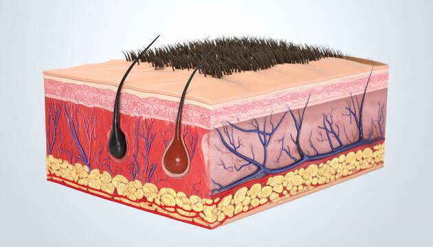 Skin Anatomy: A detailed cross-section of skin layers and structure, revealing the complexity of human integumentary system.
