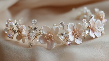 A beautiful hair accessory featuring floral designs crystals and pearls resting on a silky surface.
