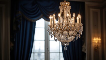 Illuminated Crystal Chandelier with Soft Focus on Interior Details, Window Draped with Curtains