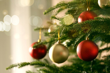Christmas balls hanging on fir tree, closeup. Bokeh lights. Greeting card design