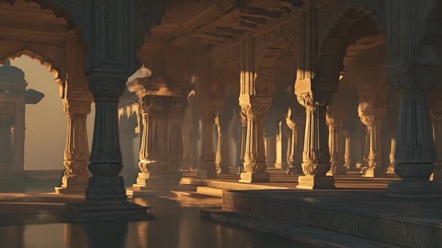 Ornate arched colonnade reflecting on still water in warm sunlight