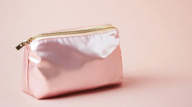 pouch. Makeup brushes neatly arranged in pouch on pastel pink flat background. tutorial guides, club newsletters, designed for tourism and weekend activity guides.