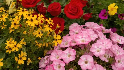Fototapeta premium Bright yellow coreopsis, red roses, and pink petunias in a lively garden, seasonal change