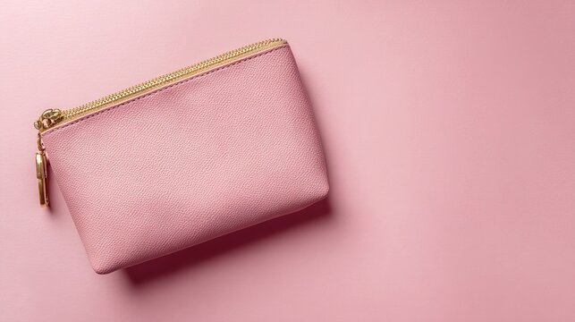 pouch. Makeup brushes neatly arranged in pouch on pastel pink flat background. tutorial guides, club newsletters, designed for tourism and weekend activity guides.