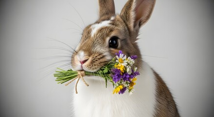 A charming rabbit holding a bouquet of wildflowers in its mouth, set against a soft gray background