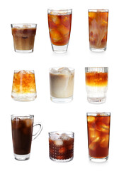 Iced coffee. Different drinks on white background, set