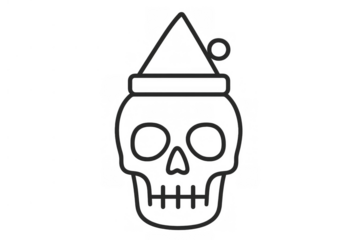 Skull wearing santa hat celebrating macabre christmas holiday, line art icon on transparent background
