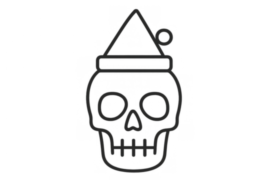 Skull wearing santa hat celebrating macabre christmas holiday, line art icon on transparent background