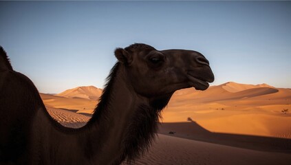Aesthetic camel silhouette shadow against sandy terrain, seasonal change