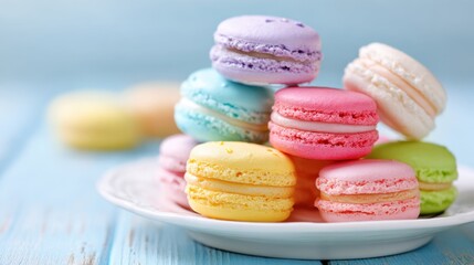 Delicate macarons in pastel colors sit on a plate inviting sweetness and joy to all who see them.