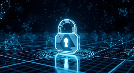 Digital padlock glowing on a futuristic network grid, symbolizing cybersecurity and data protection.
