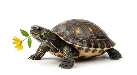 Fototapeta premium A tortoise carrying a yellow flower in its mouth, set against a white background, showcasing nature's simplicity