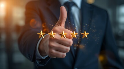 A businessman in a suit giving a thumbs up sign with four stars, representing quality, service, and excellence