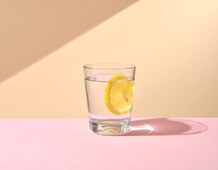 Clear glass of lemon water with a yellow slice, featuring harsh sunlight and shadows on a pink and beige background.