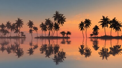 Obraz premium Golden hues of sunset create a serene atmosphere as palm trees stand tall beside the still water.
