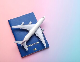 blue passport with a white toy airplane on top, set against a pink and blue gradient, symbolizing travel.