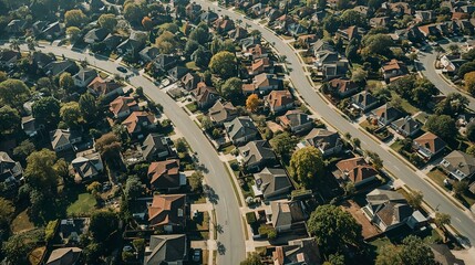 aerial view of a suburban neighborhood, rows of houses with trees along curving streets. The neighborhood has a mix of housing styles and lush greenery
