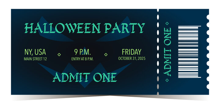 Halloween party ticket template with smiling scary face and event details