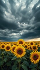 Obraz premium Golden Sunflower Field Against a Dramatic Sky Filled with Rolling Dark Clouds Promises Both Beauty and the Imminence of an Approaching Storm
