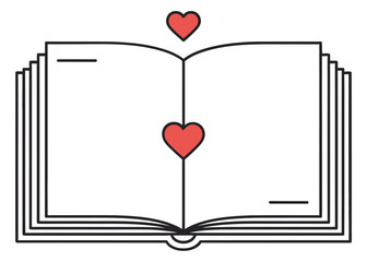 Open Book with Red Hearts Icon Minimal Line Art Vector Illustration for Love Stories Reading and Literature Concepts