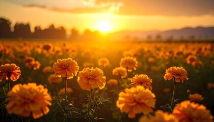 Fototapeta premium Golden Marigold Field at Sunset: Warm Light and Floral Beauty