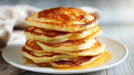 Warm fluffy pancakes are piled on a plate glistening with rich syrup inviting a delicious breakfast.