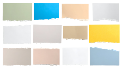 Assorted torn paper color samples with transparent background