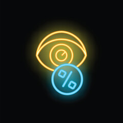 Neon icon of an eye focusing on a percentage symbol, representing market research, data analysis, and the importance of attention to detail in achieving success