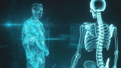 Digital human body and skeleton hologram representing medical data and futuristic health technology - Powered by Adobe