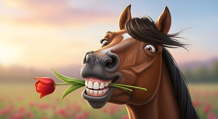 Cheerful horse holding a tulip in its mouth, set against a vibrant sunset in a blooming field